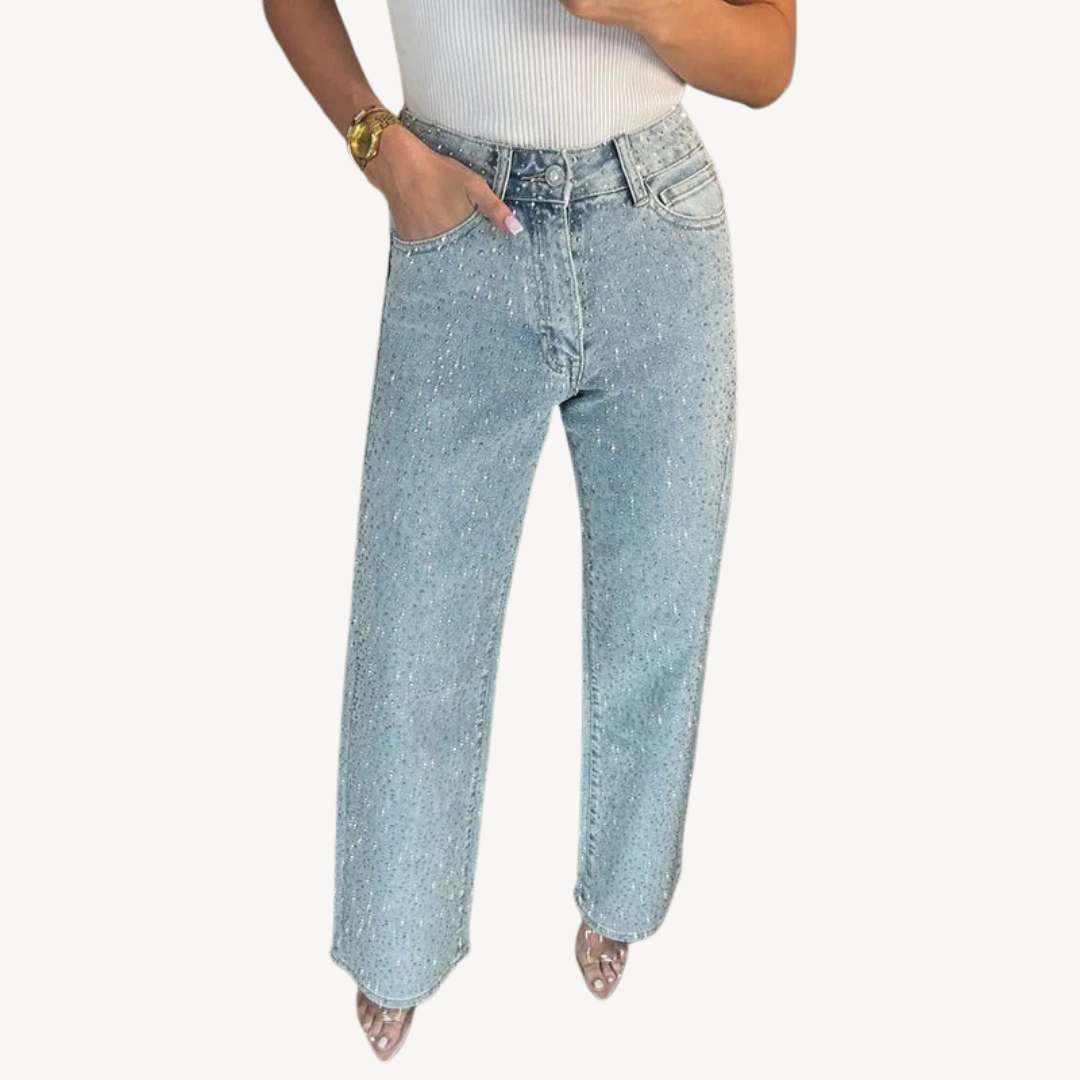 Rhinestone Studded High-Waisted Jeans Product Description: