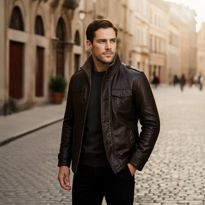 The La Spezia Men’s Leather Jacket – Warm Fleece Lined Winter Coat with Stand Collar