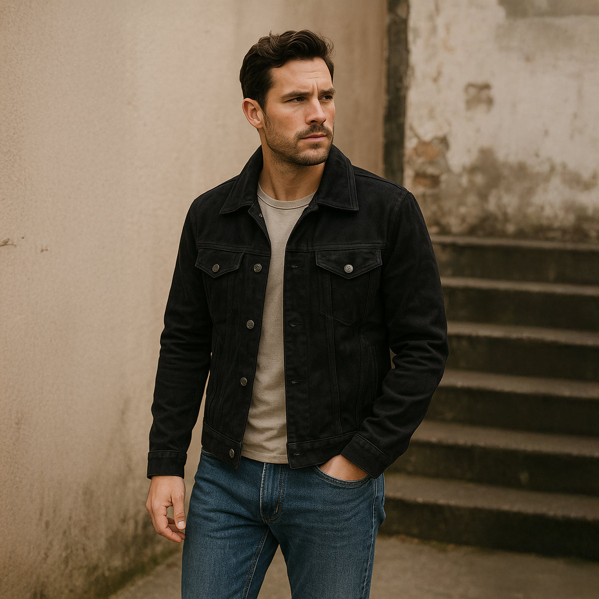 Men’s Textured Suede Trucker Jacket