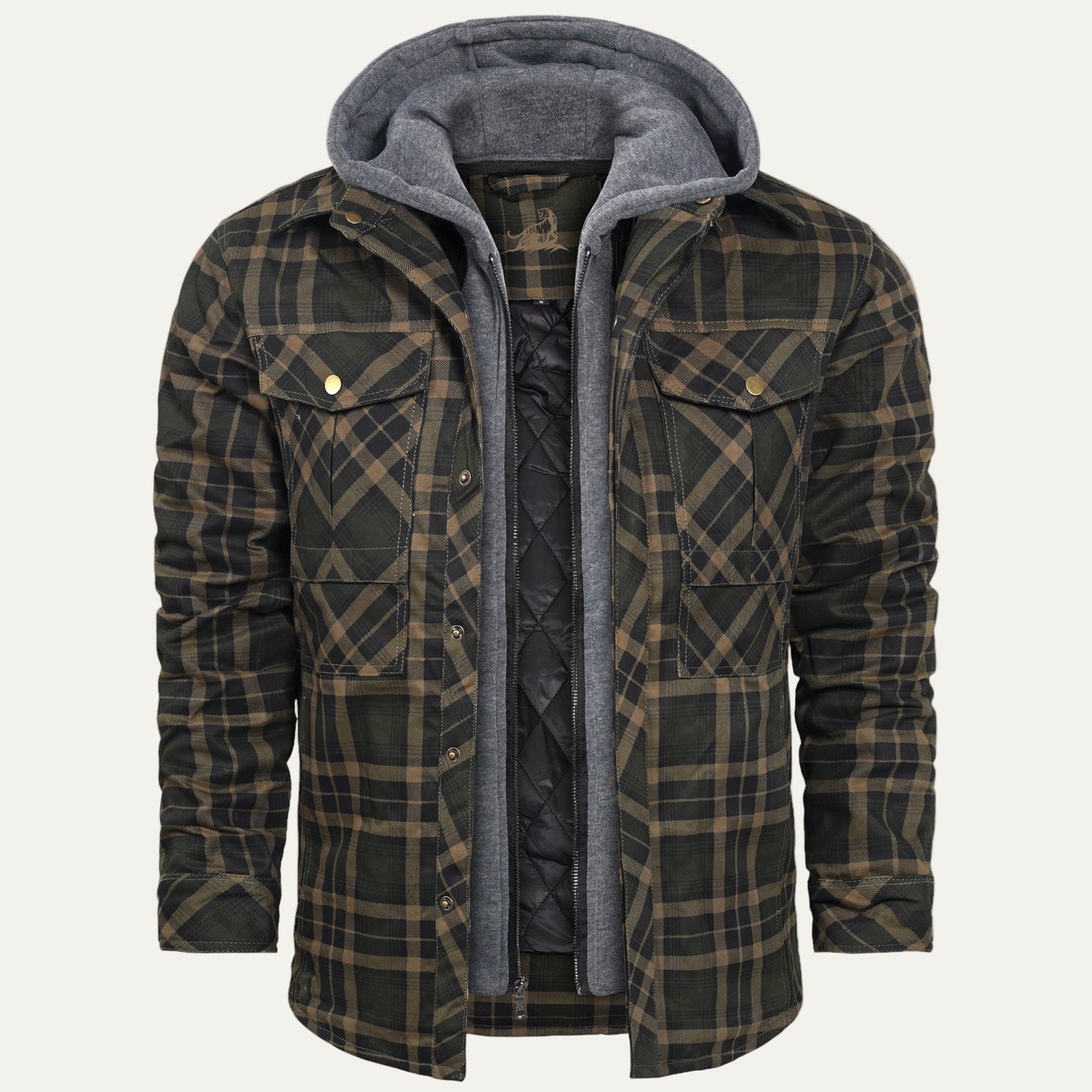 Men’s Hooded Quilted Lined Plaid Shirt Jacket