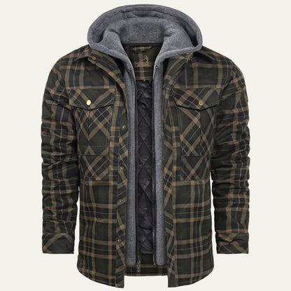 Men’s Hooded Quilted Lined Plaid Shirt Jacket