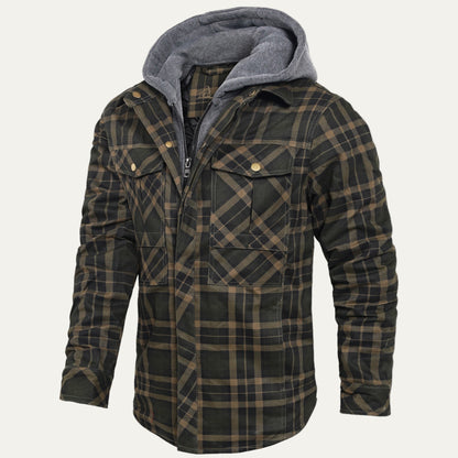 Men’s Hooded Quilted Lined Plaid Shirt Jacket