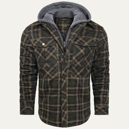 Men’s Hooded Quilted Lined Plaid Shirt Jacket
