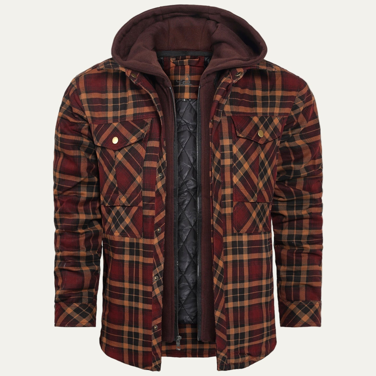 Men’s Hooded Quilted Lined Plaid Shirt Jacket