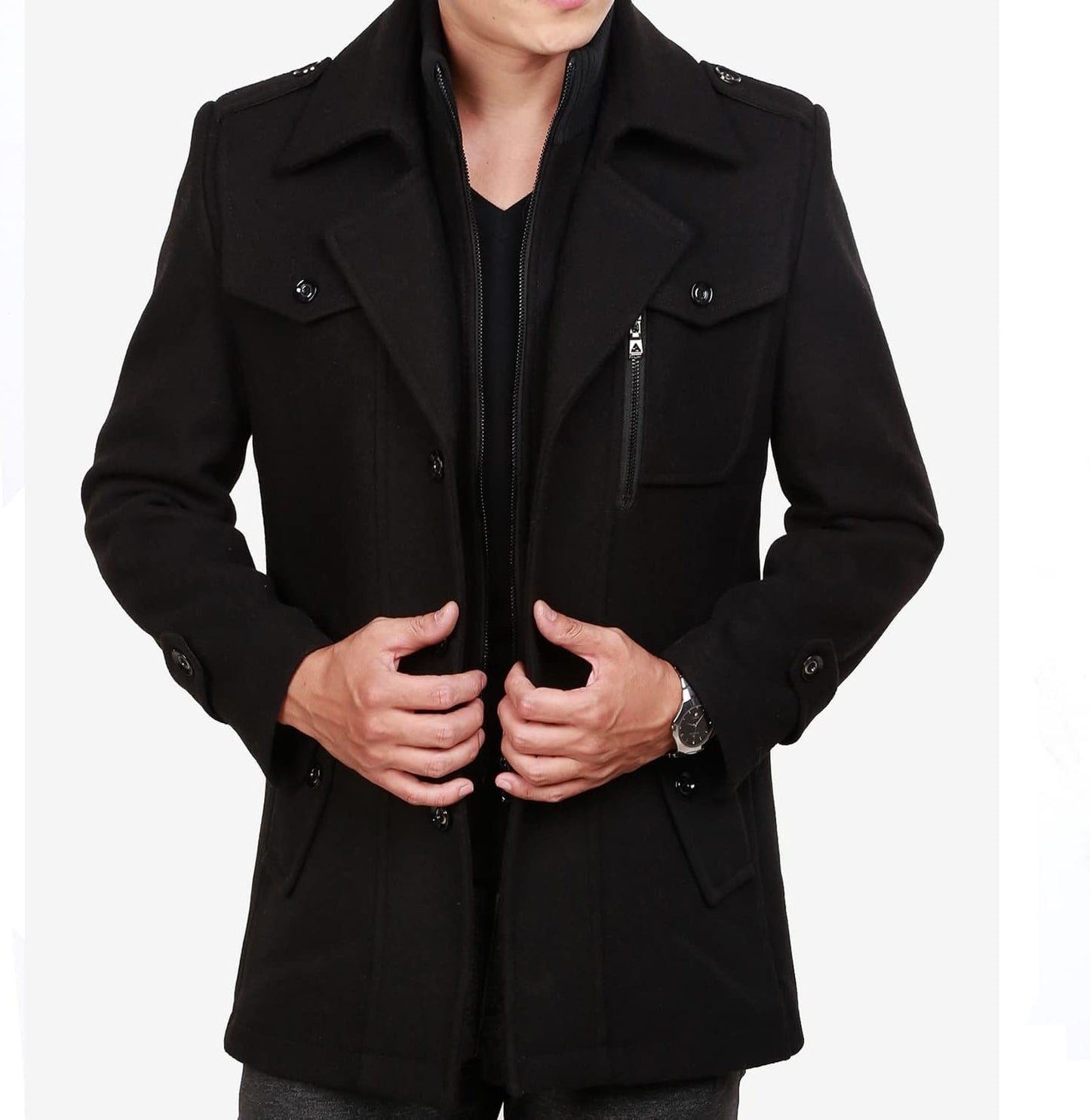 Men’s Wool Blend Peacoat with Hidden Bib and Quilted Lining
