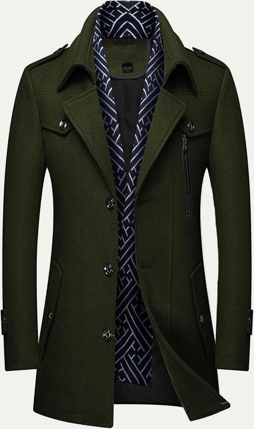 Men’s Wool Blend Peacoat with Hidden Bib and Quilted Lining
