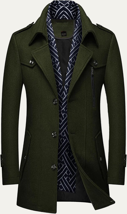 Men’s Wool Blend Peacoat with Hidden Bib and Quilted Lining