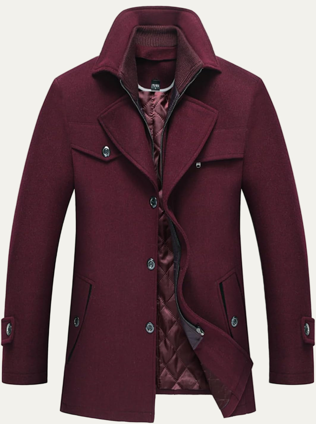 Men’s Wool Blend Peacoat with Hidden Bib and Quilted Lining