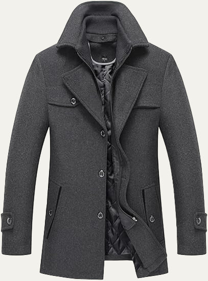 Men’s Wool Blend Peacoat with Hidden Bib and Quilted Lining