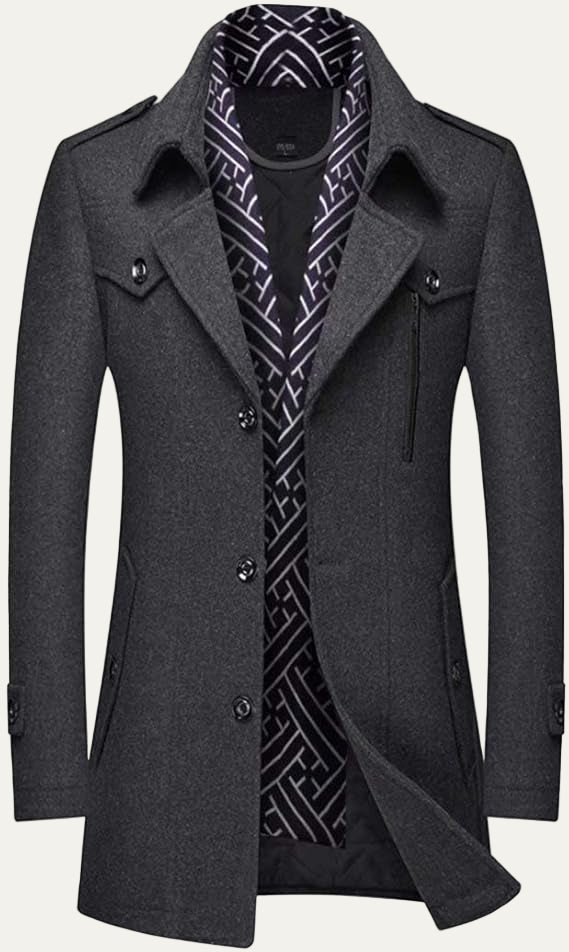 Men’s Wool Blend Peacoat with Hidden Bib and Quilted Lining