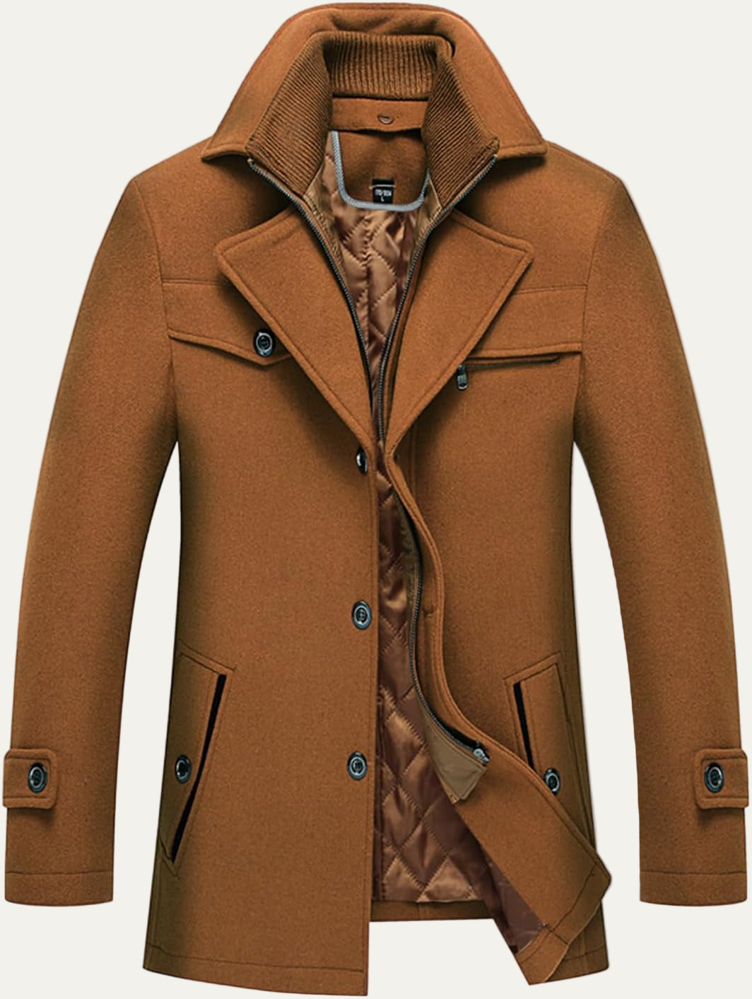 Men’s Wool Blend Peacoat with Hidden Bib and Quilted Lining