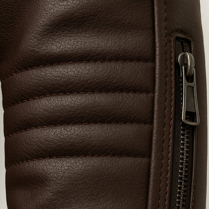 Men’s Faux Leather Racer Jacket with Quilted Trim