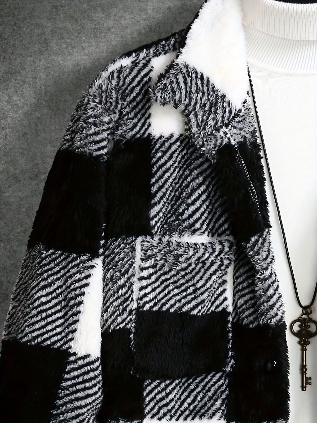 Men's Black and White Checked Fleece Jacket - Riley