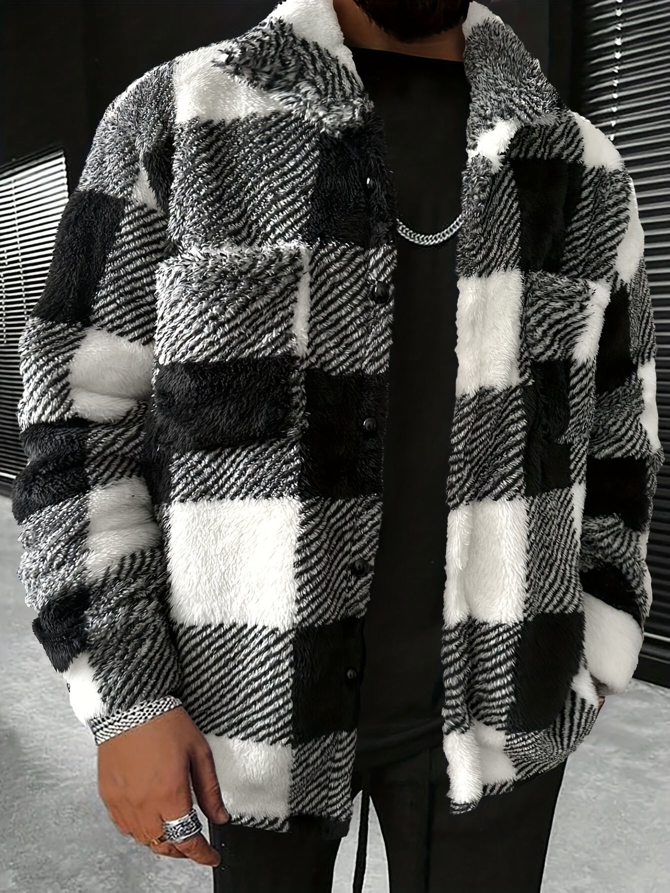 Men's Black and White Checked Fleece Jacket - Riley