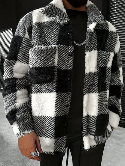 Men's Black and White Checked Fleece Jacket - Riley
