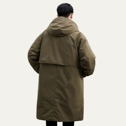 Men’s Layered Hooded Long Mac Overcoat