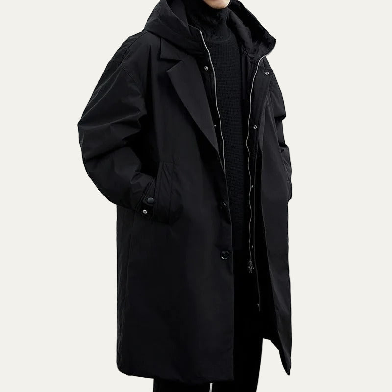 Men’s Layered Hooded Long Mac Overcoat