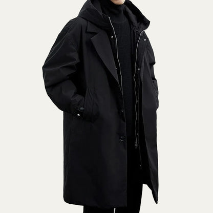 Men’s Layered Hooded Long Mac Overcoat
