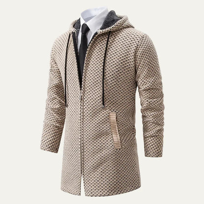 Men’s Heavy Knit Hooded Mid Length Zip Up Cardigan Coat