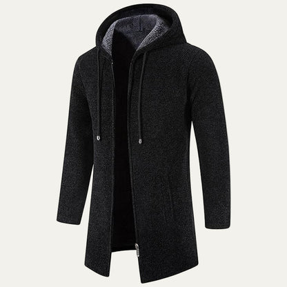 Men’s Heavy Knit Hooded Mid Length Zip Up Cardigan Coat
