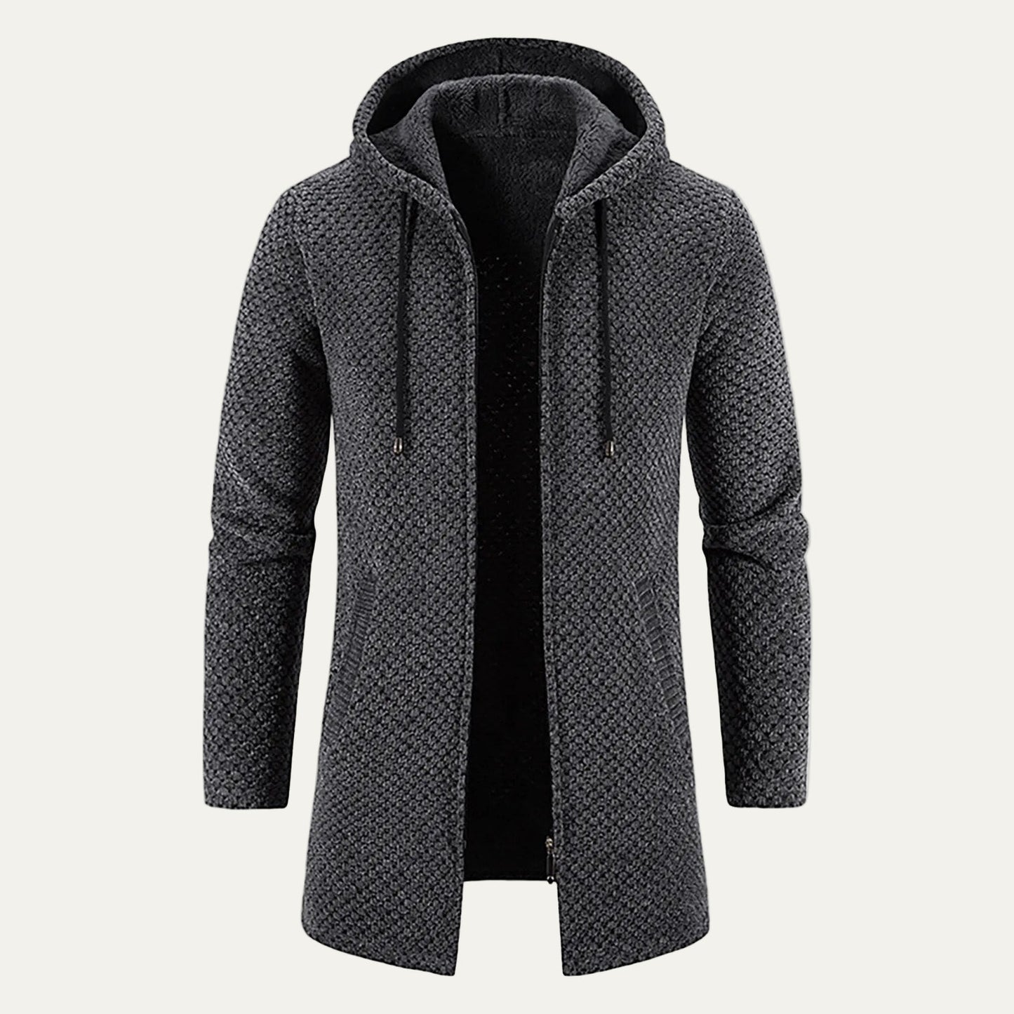 Men’s Heavy Knit Hooded Mid Length Zip Up Cardigan Coat