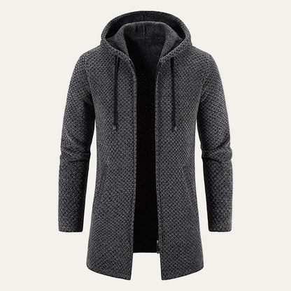 Men’s Heavy Knit Hooded Mid Length Zip Up Cardigan Coat
