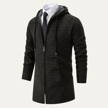 Men’s Heavy Knit Hooded Mid Length Zip Up Cardigan Coat