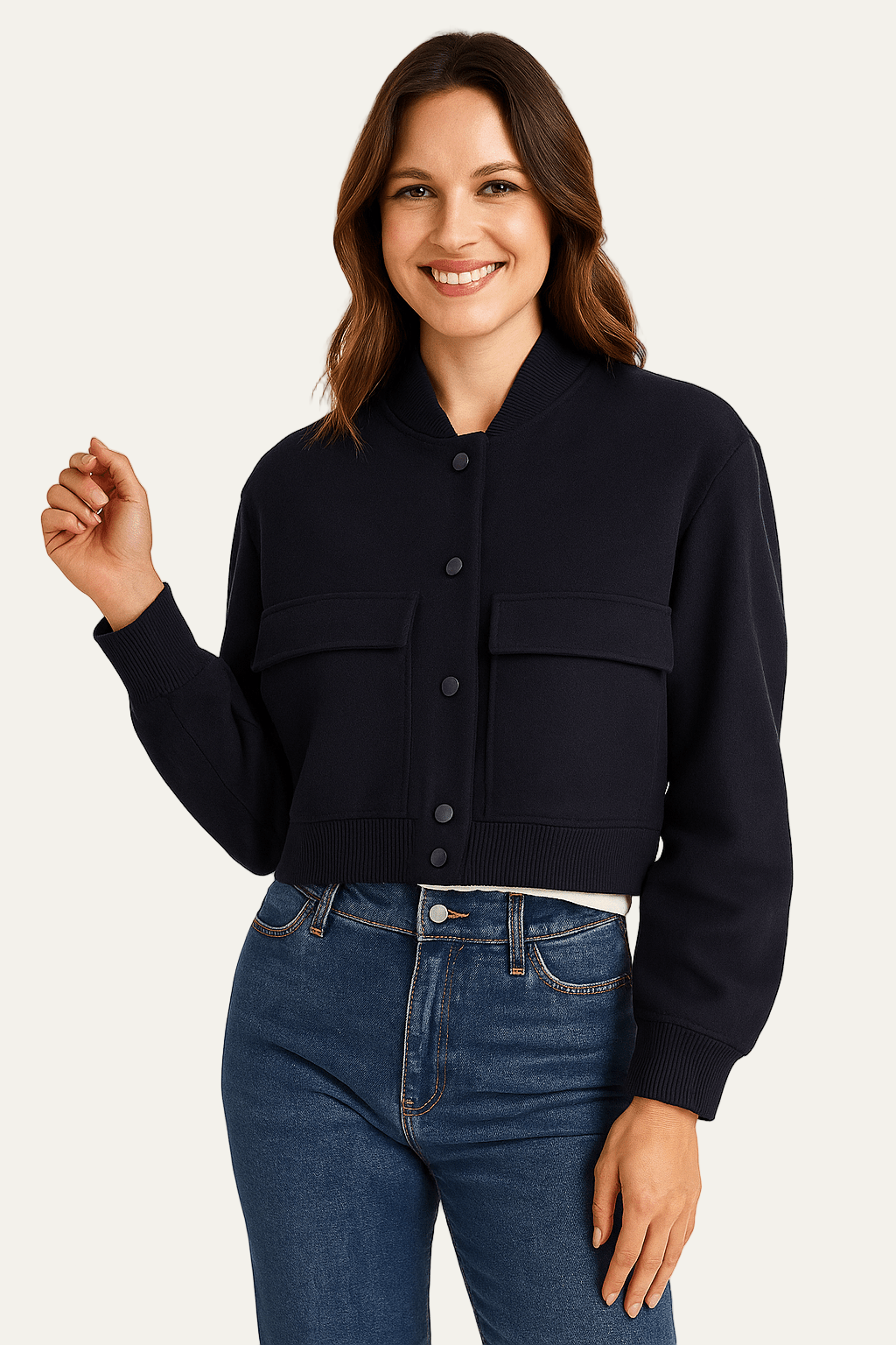 Women’s Cropped Snap Button Bomber Jacket