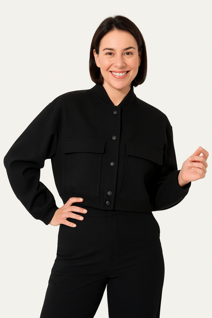 Women’s Cropped Snap Button Bomber Jacket