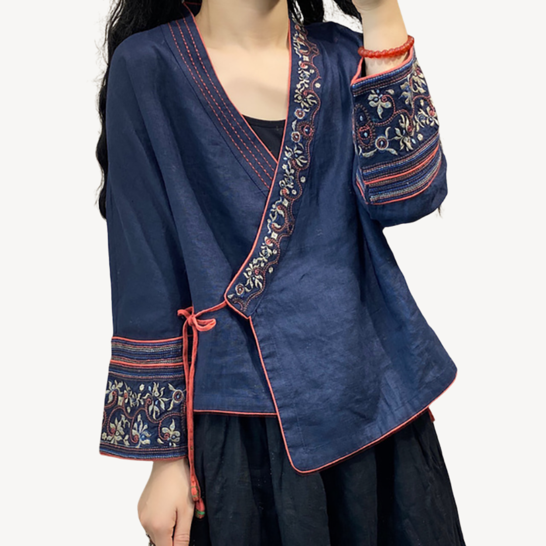 Women's Embroidered Linen Blend Kimono Jacket