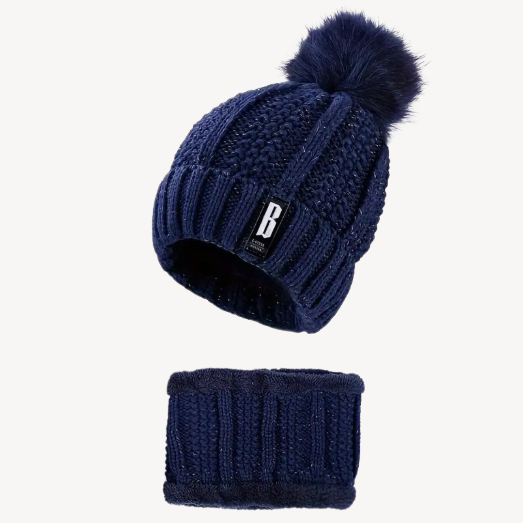 Knitted Pom Pom Beanie & Scarf Set for Women Soft Wool