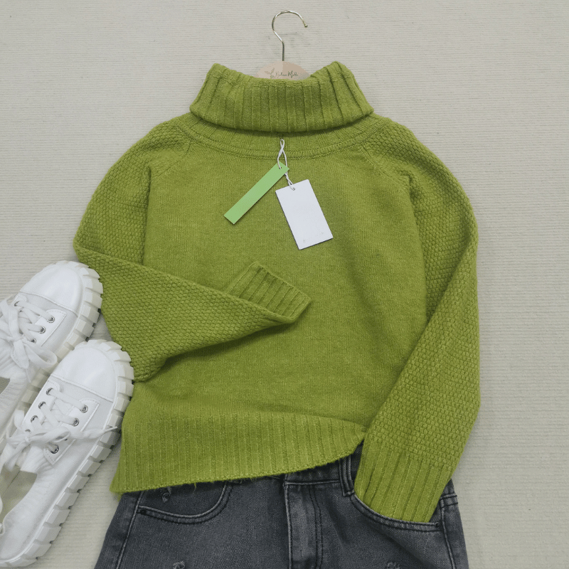 Nora Oversized Knit Turtleneck in Grass Green