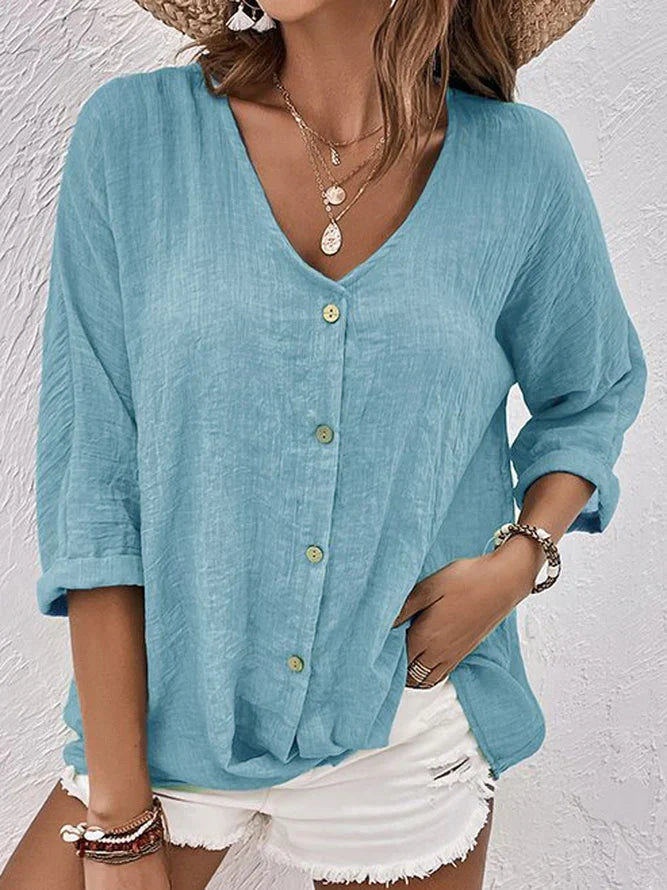 Women's Chic Linen V-Neck Top - BritishElegance
