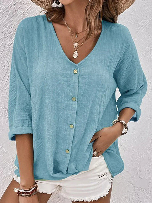 Women's Chic Linen V-Neck Top - BritishElegance