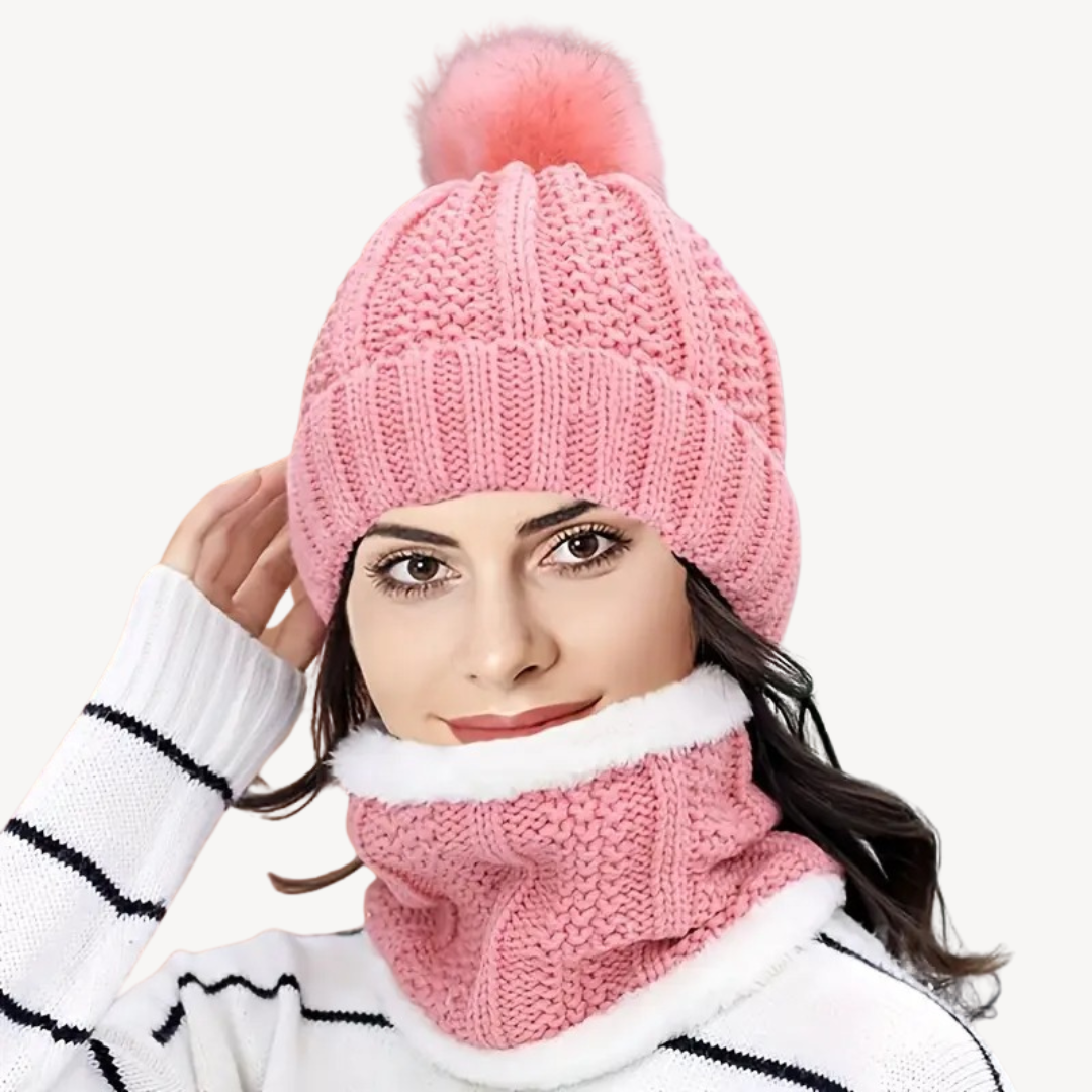 Knitted Pom Pom Beanie & Scarf Set for Women Soft Wool