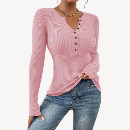 Ribbed Button Henley Top for Women