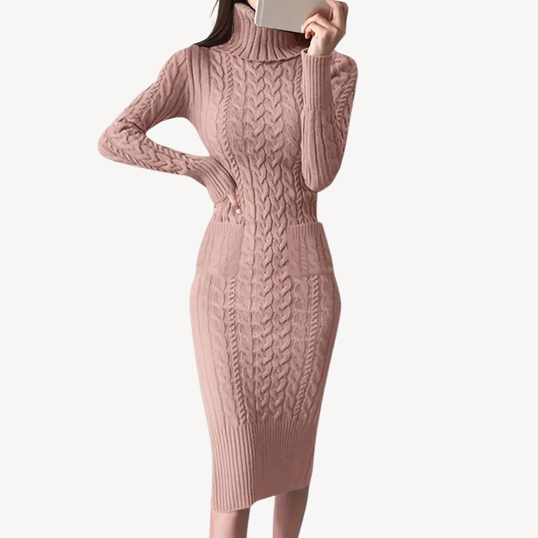 Knit Cable Turtleneck Sweater Dress