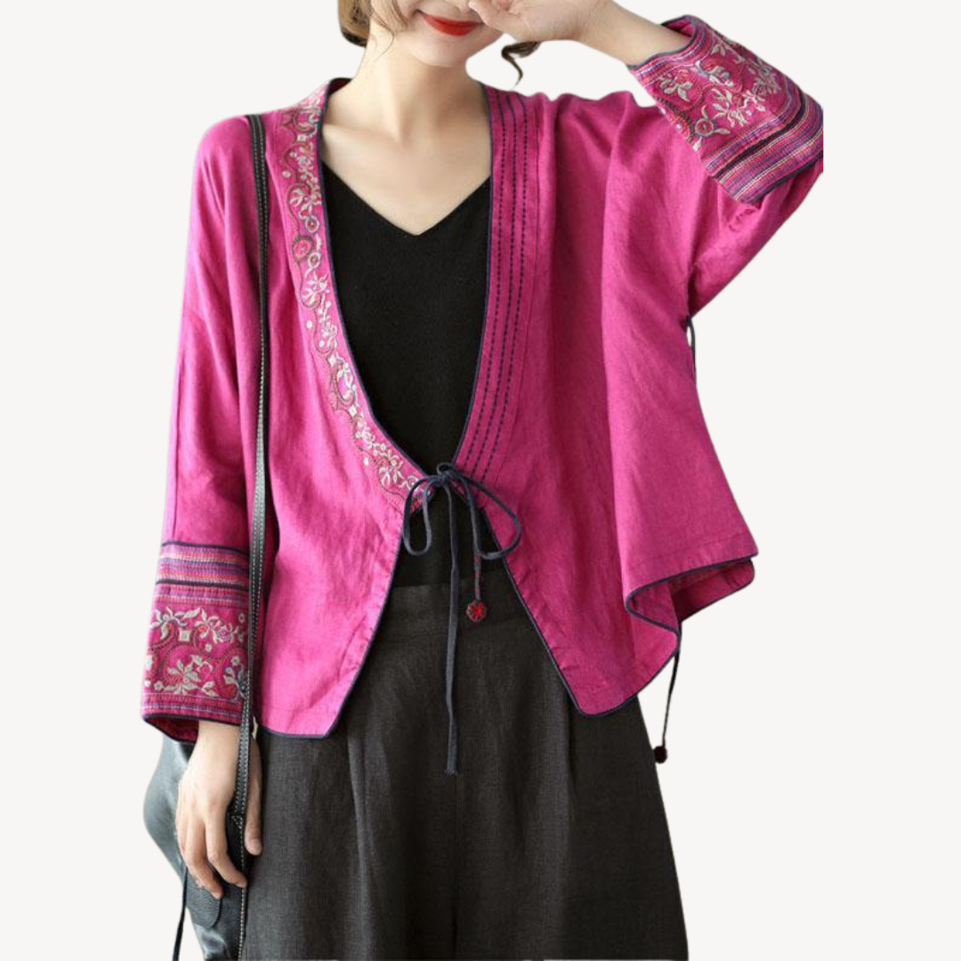 Women's Embroidered Linen Blend Kimono Jacket