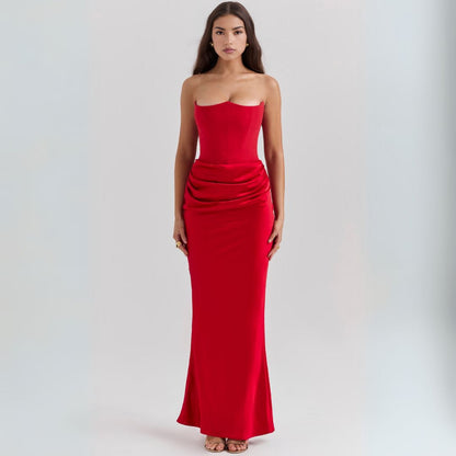 Satin Strapless Corset Maxi Dress Women