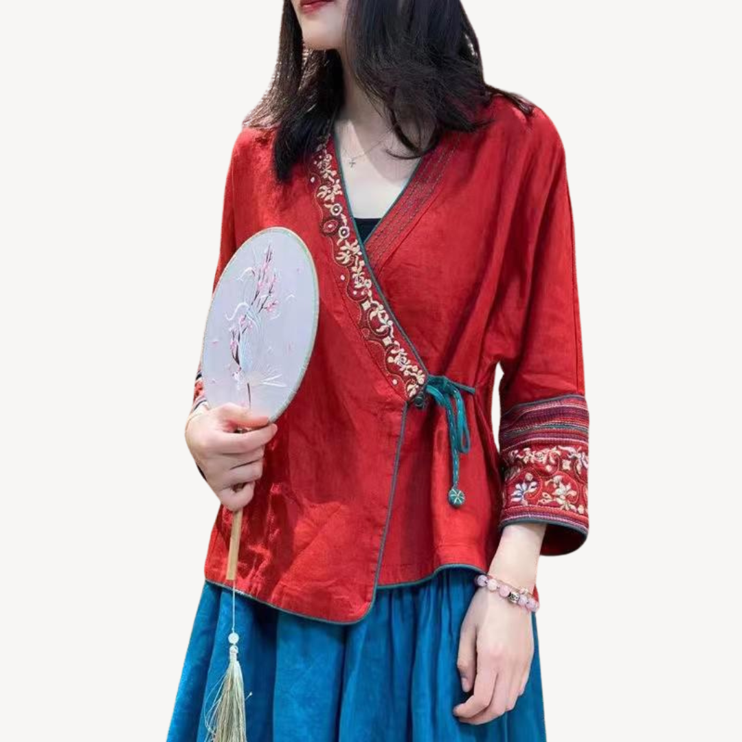 Women's Embroidered Linen Blend Kimono Jacket