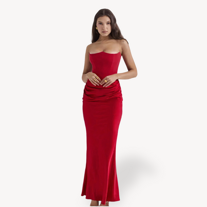 Women’s Strapless Satin Corset Maxi Dress – Formal Gown in Multiple Colors