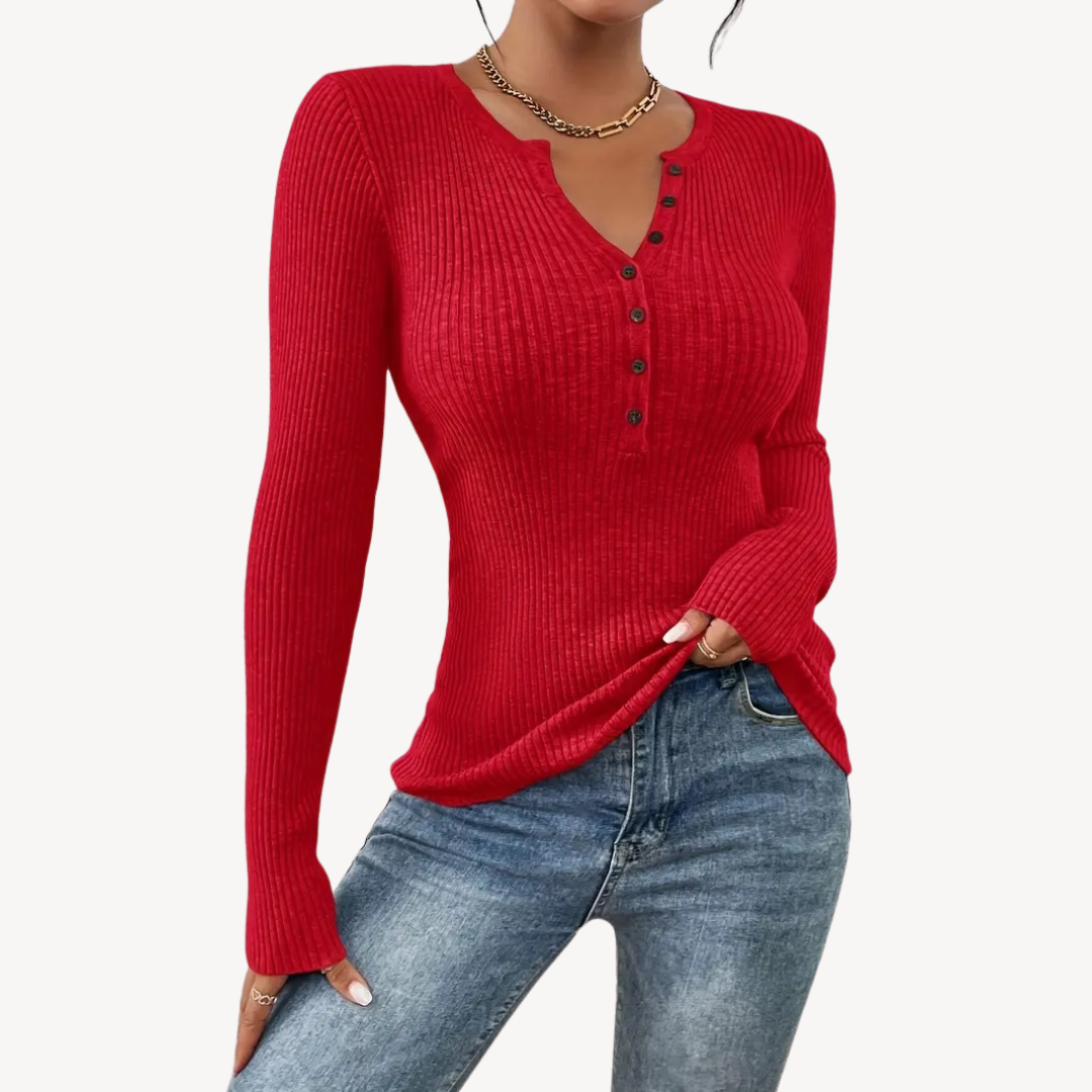 Ribbed Button Henley Top for Women