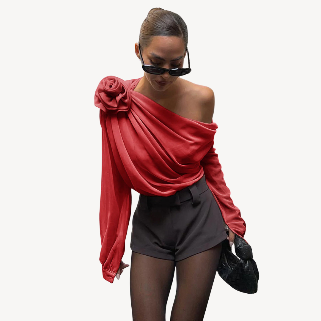 Women’s One-Shoulder Floral Rose Drape Top