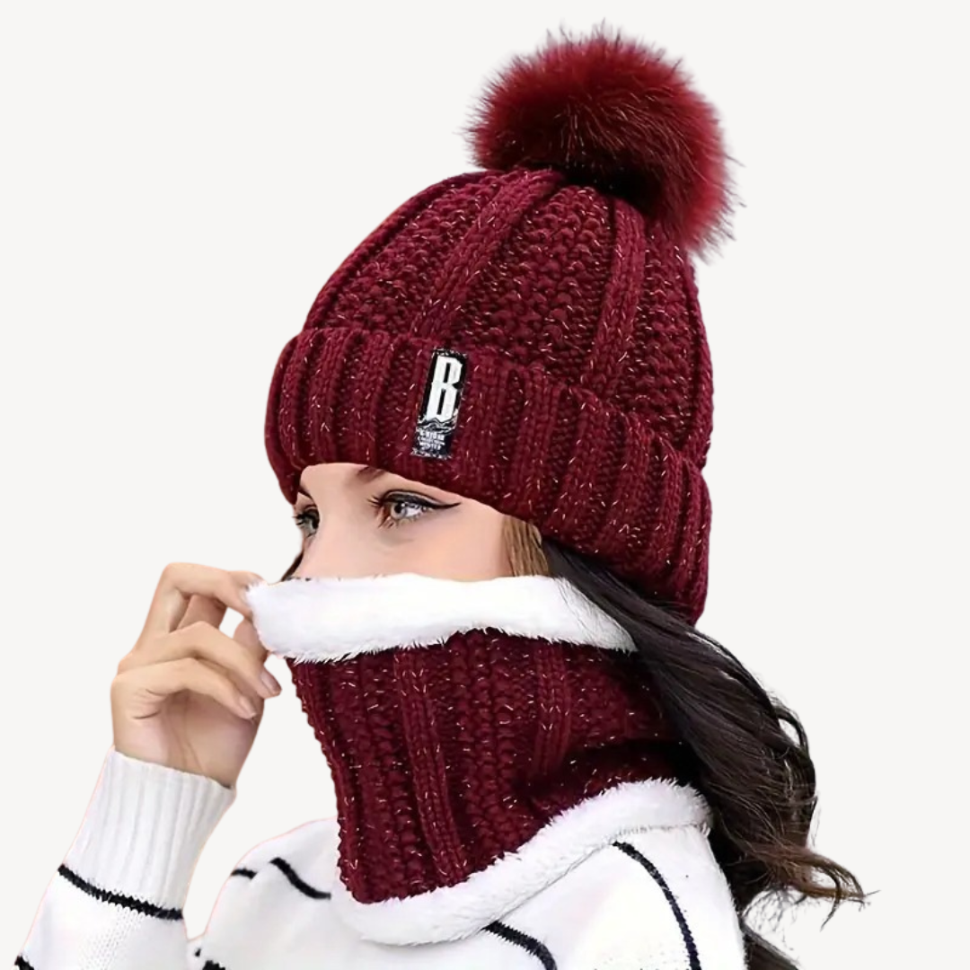 Knitted Pom Pom Beanie & Scarf Set for Women Soft Wool