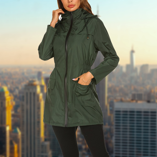 Waterproof Women's Zip Up Raincoat with Adjustable Waist