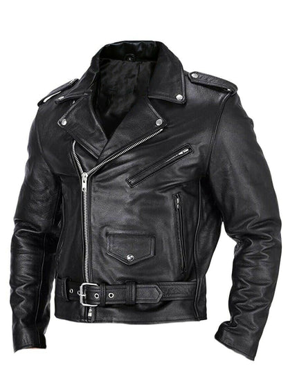 Slim Fit Leather Men's Motorcycle Jacket with Stand-Up Collar - Ryder