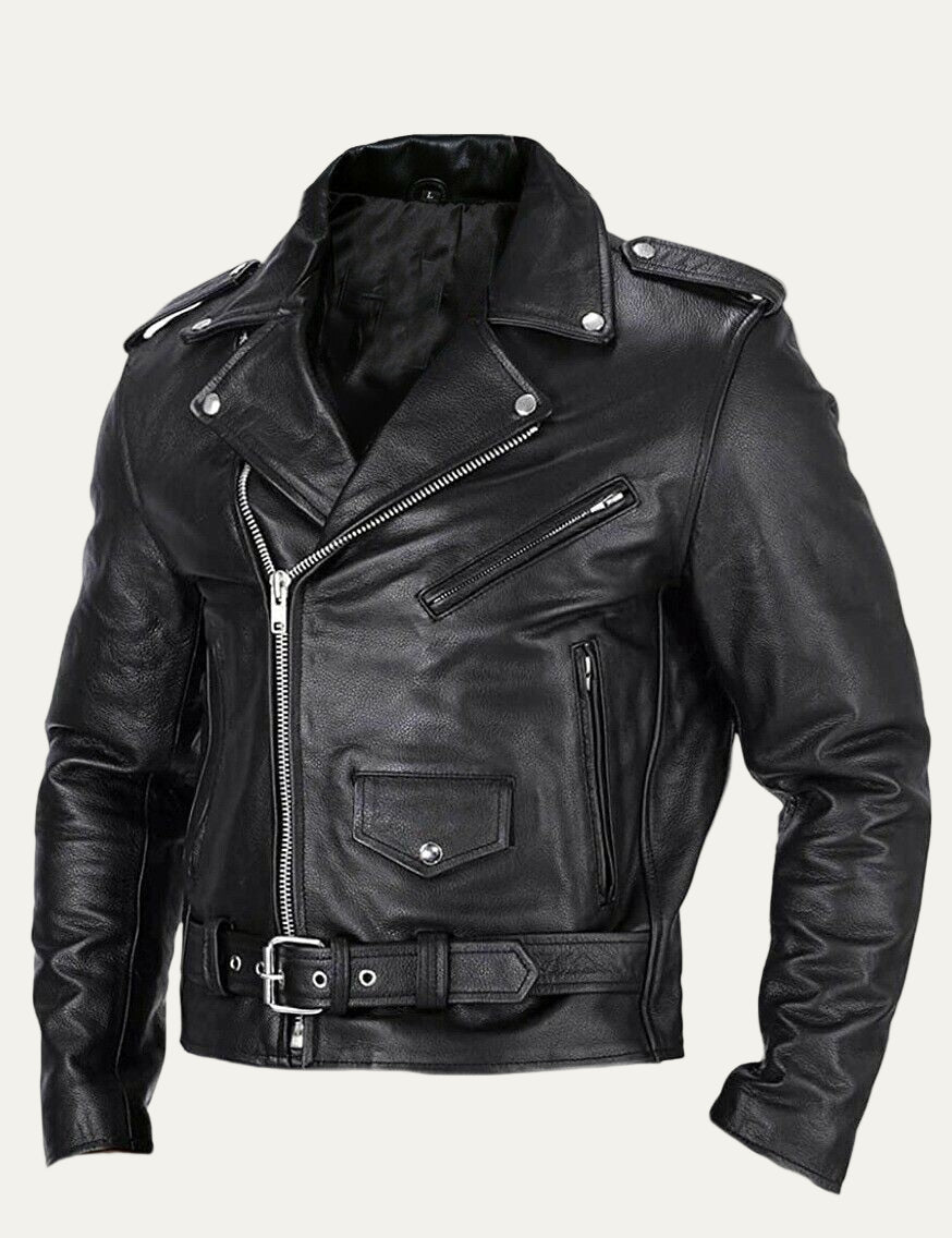 Men’s Classic Leather Biker Jacket with Asymmetrical Zip