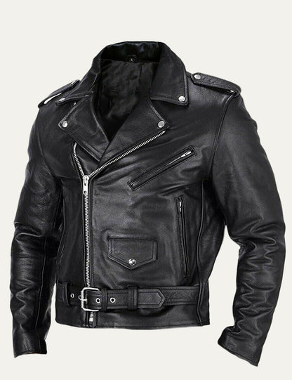 Men’s Classic Leather Biker Jacket with Asymmetrical Zip