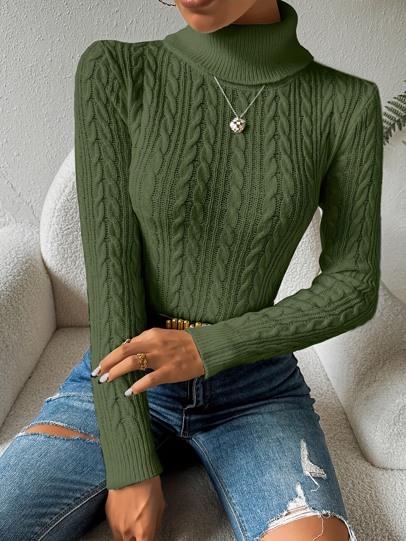 Solid Cable Knit Turtleneck Jumper for Women - Amara