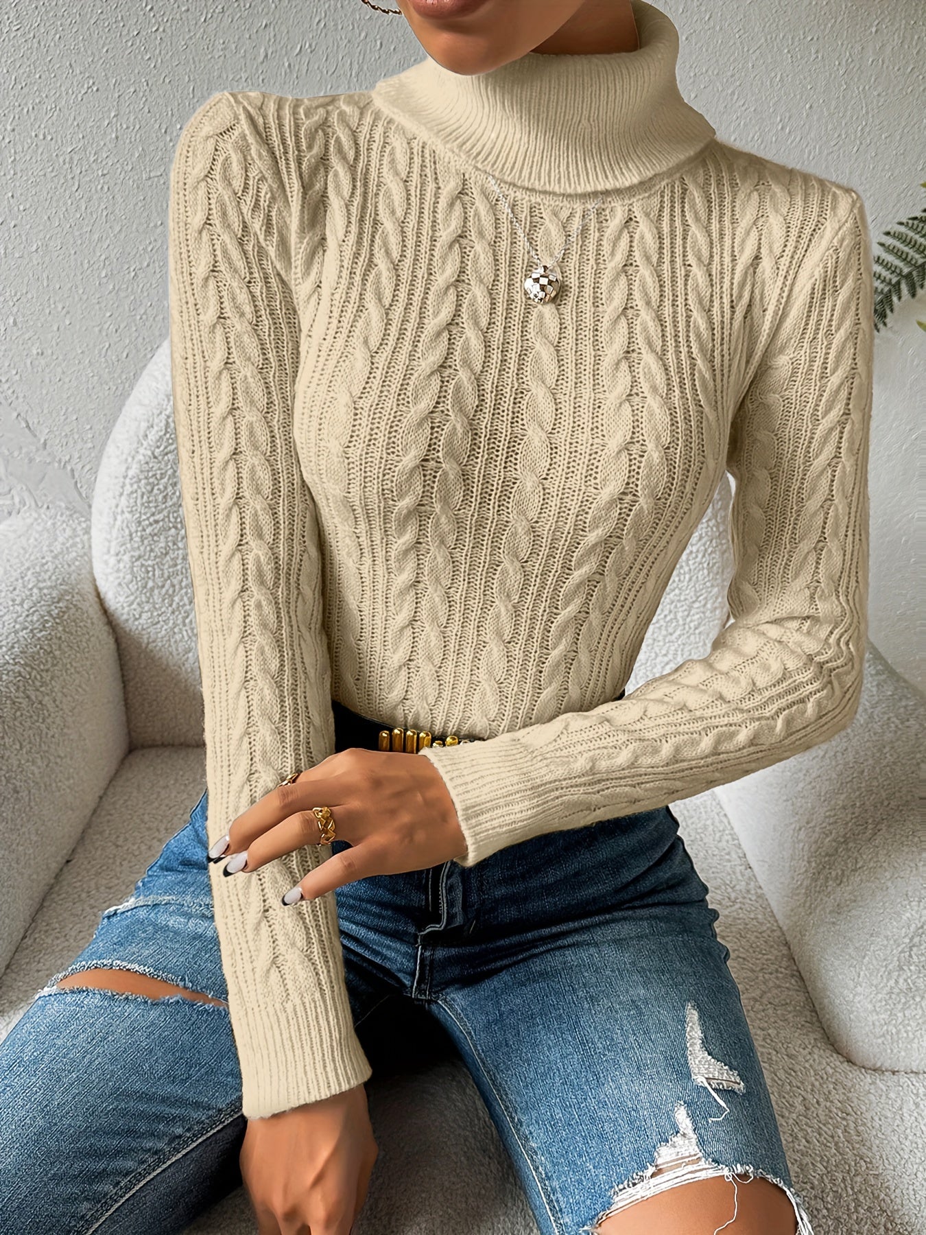 Solid Cable Knit Turtleneck Jumper for Women - Amara